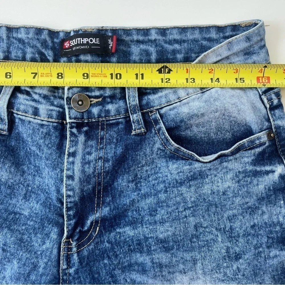 South Pole Men's Blue Acid Washed Slim Denim Jean Shorts Size 30